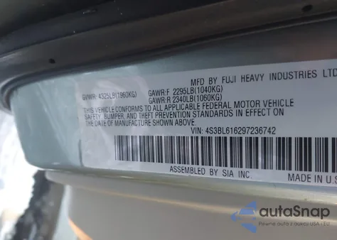 2009 Subaru Legacy 2.5I z USA, uszkodzony, nr VIN 4S3BL616297236742